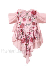 Patchwork Ruffle Bardot Floral Mini Dress Mini Dresses