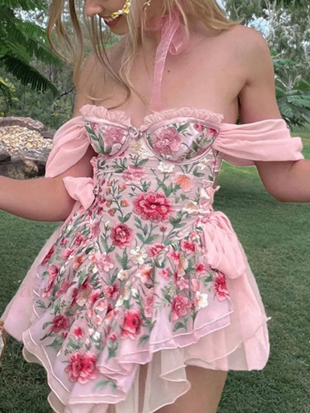 Patchwork Ruffle Bardot Floral Mini Dress Mini Dresses