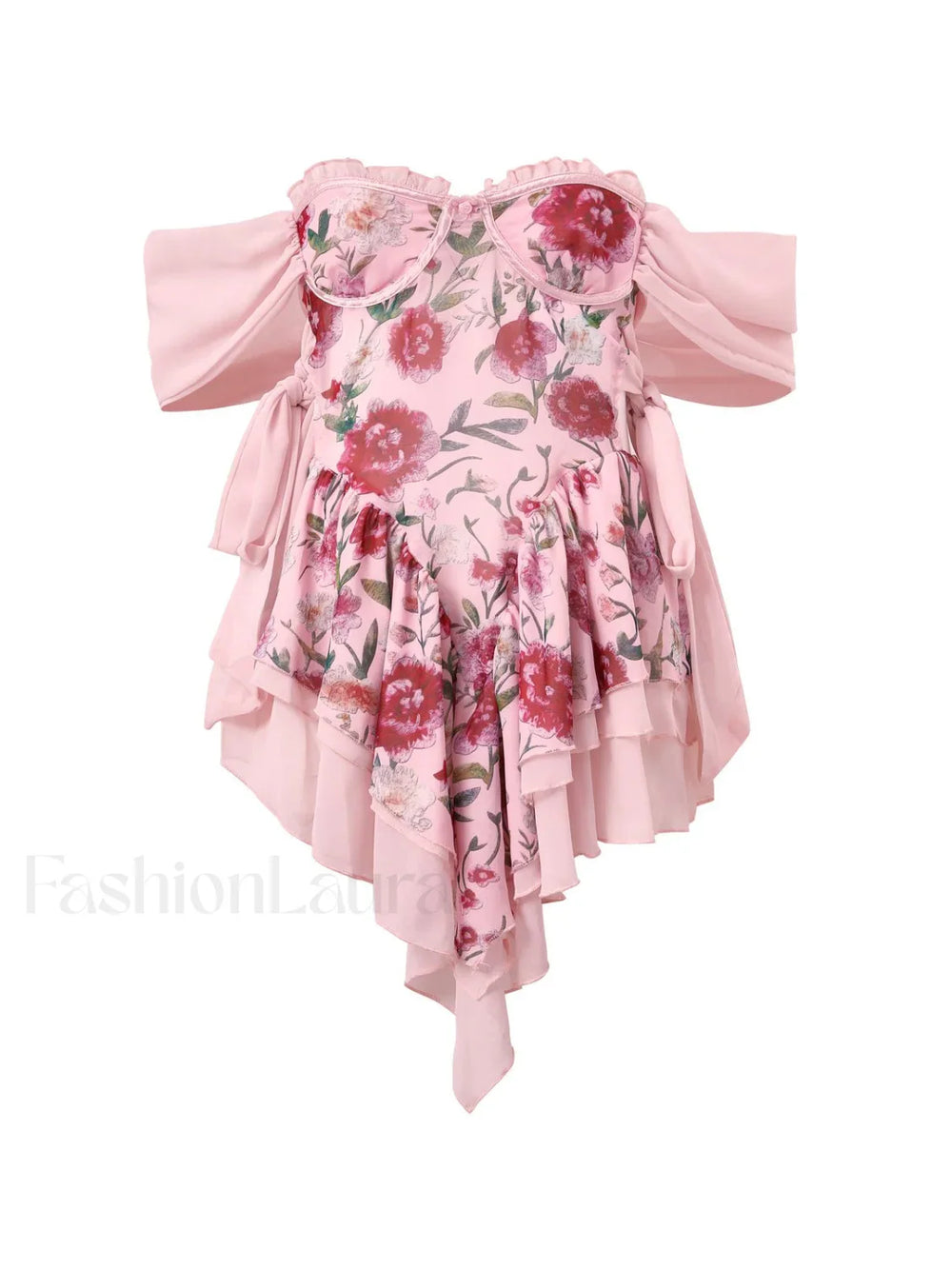 Patchwork Ruffle Bardot Floral Mini Dress Mini Dresses