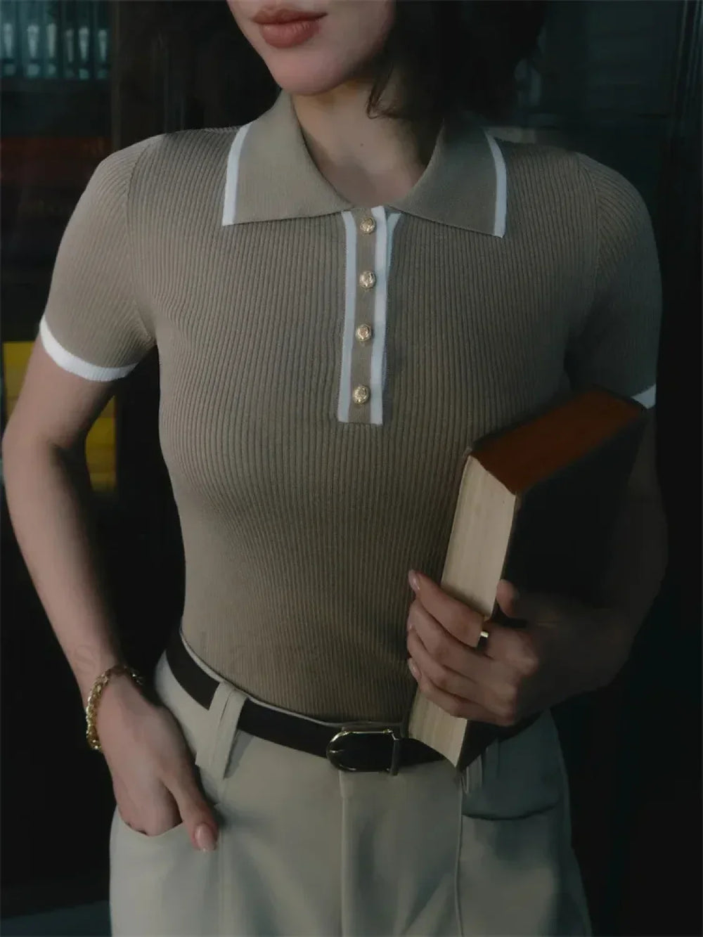 Patchwork Short Sleeve Knit Pullover T Shirt Khaki / S