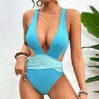 Patchwork Strapped Hollow One Piece Blue / S