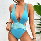 Patchwork Strapped Hollow One Piece Blue / S