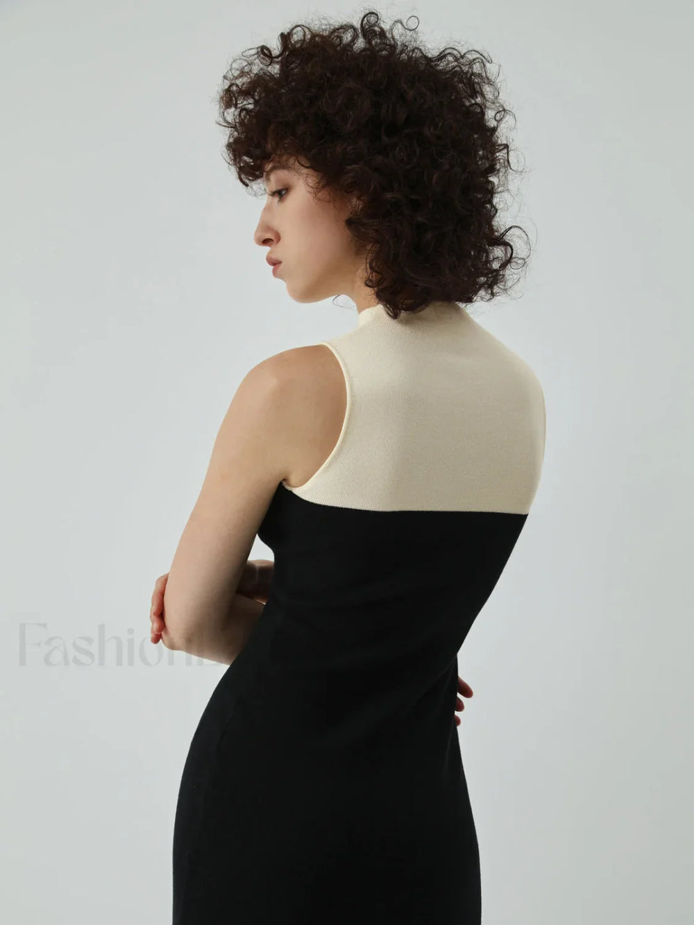 Patchwork Two Tone Mock Modern Neck Midi Sweater Dress Sweaters L