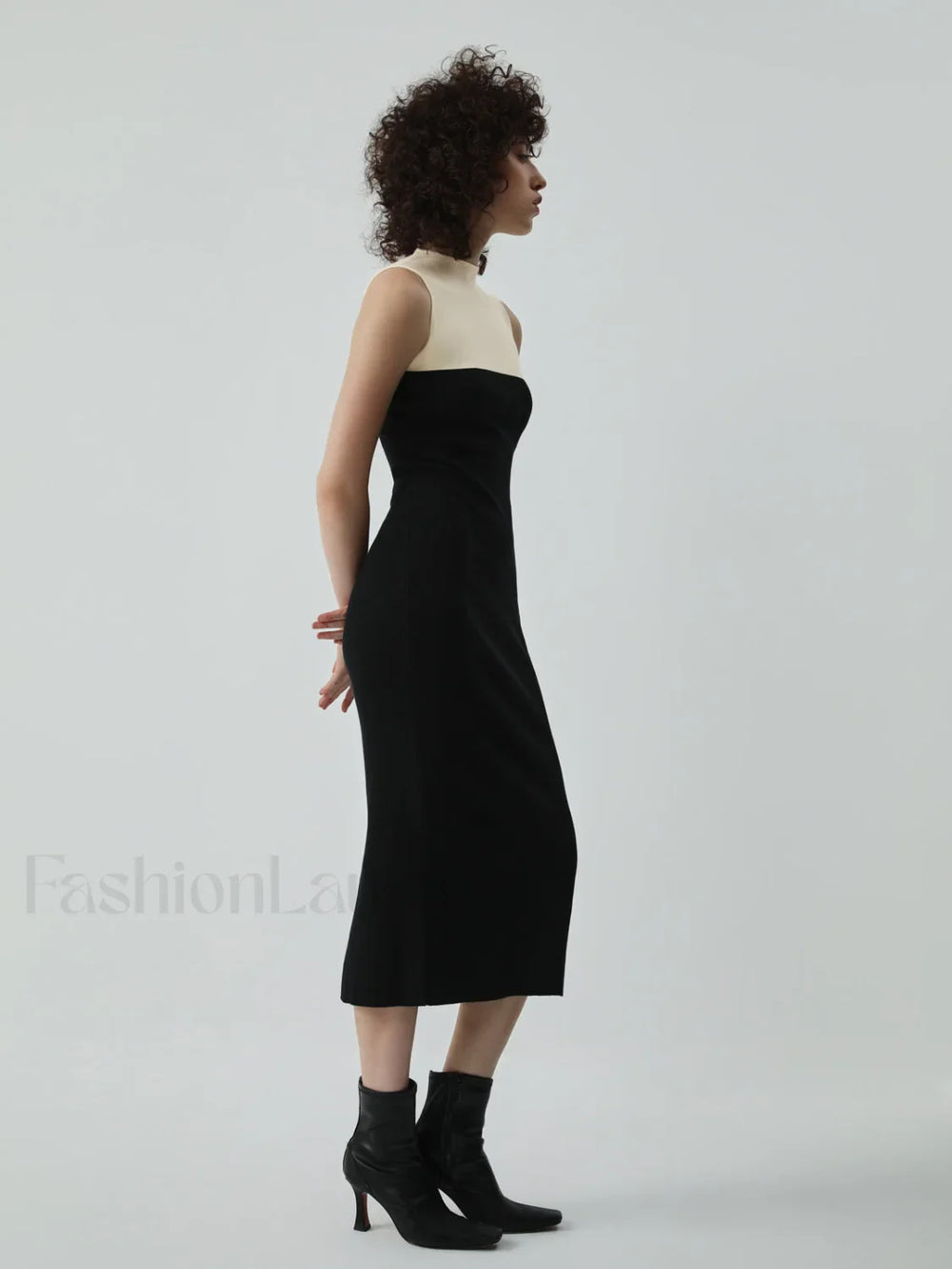 Patchwork Two Tone Mock Modern Neck Midi Sweater Dress Sweaters L