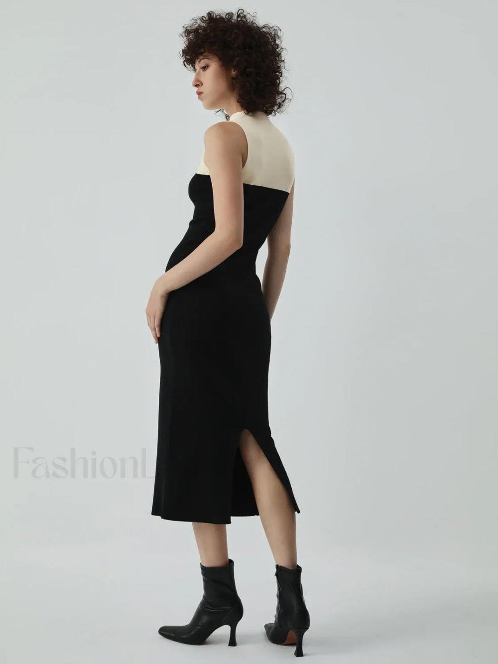 Patchwork Two Tone Mock Modern Neck Midi Sweater Dress Sweaters L