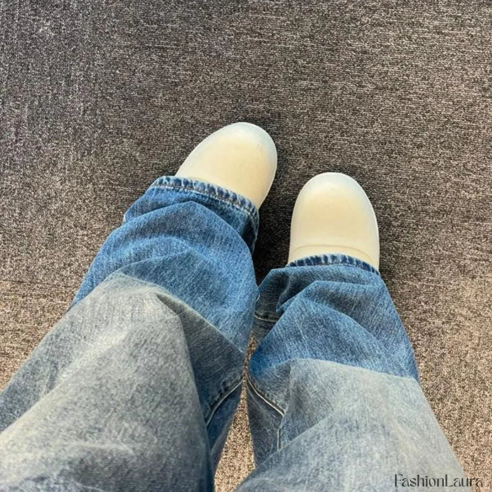 Patchwork Waist High Rise Boyfriend Jeans Jeans