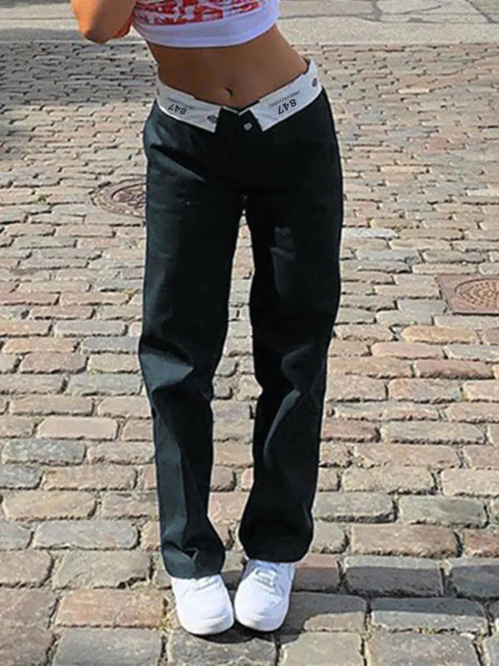 Patchwork Waist Straight Leg Pants Navy Blue / S Straight Leg Pants