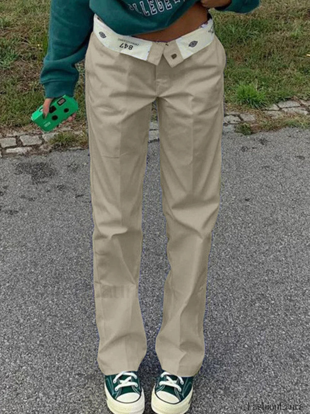 Patchwork Waist Straight Leg Pants Apricot / S Straight Leg Pants