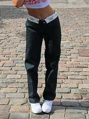 Patchwork Waist Straight Leg Pants Navy Blue / S Straight Leg Pants