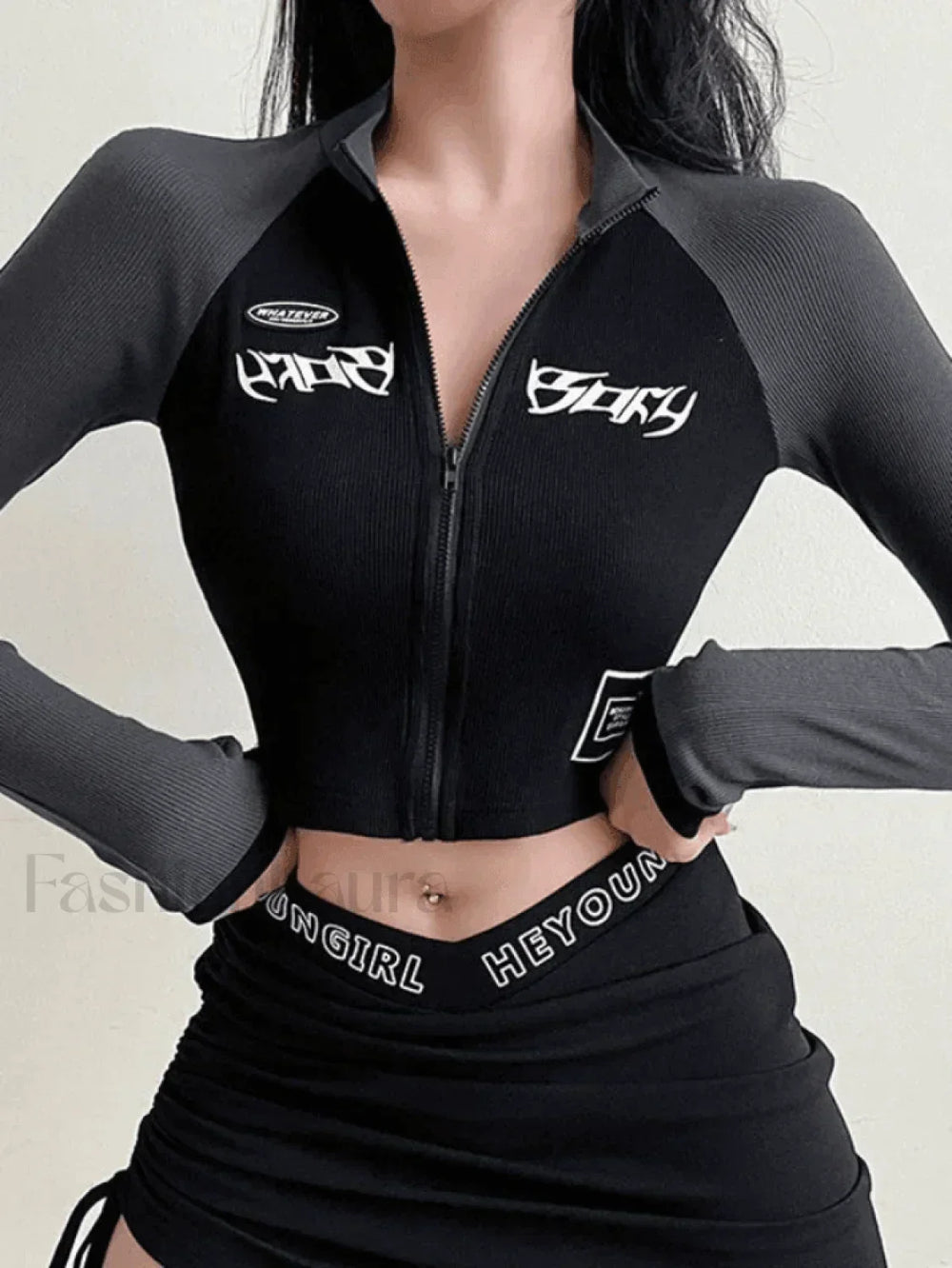 Patchwork Zip Up Long Sleeve Crop Top Black / S Tops&Tees