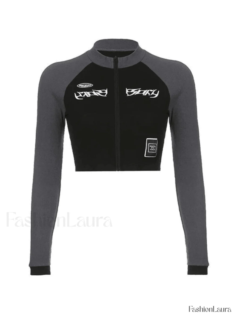 Patchwork Zip Up Long Sleeve Crop Top Tops&Tees