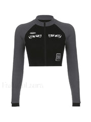 Patchwork Zip Up Long Sleeve Crop Top Tops&Tees