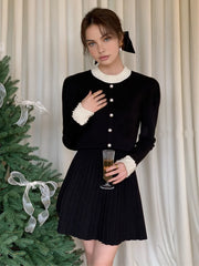 Pearl Beaded Contrast Trendy Trim Button Knit Top Sweaters L