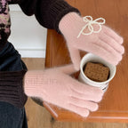 Pearl Bow Knot Winter Wool Furry Thickened Warm Soft Y2k Lolita Cosplay Christmas Glove