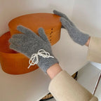 Pearl Bow Knot Winter Wool Furry Thickened Warm Soft Y2k Lolita Cosplay Christmas Glove