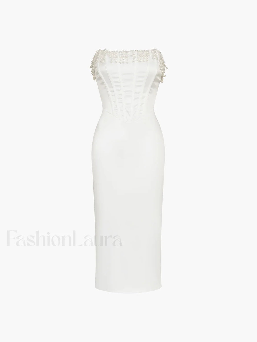 Pearl Decor Graceful Strapless Midi Dress Dresses