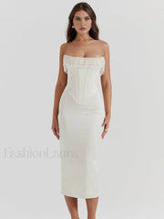 Pearl Decor Graceful Strapless Midi Dress Off White / XS Dresses