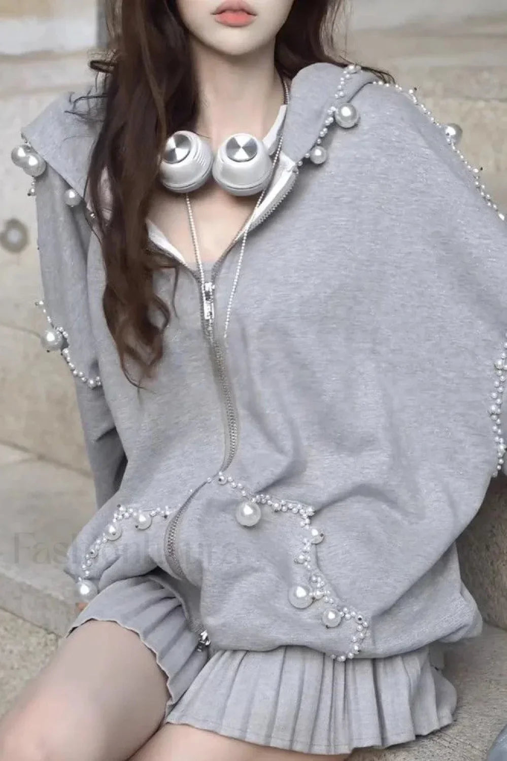 Pearl Embellished Hooded Zipper Hoodie