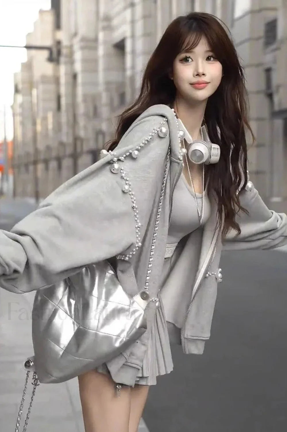 Pearl Embellished Hooded Zipper Hoodie