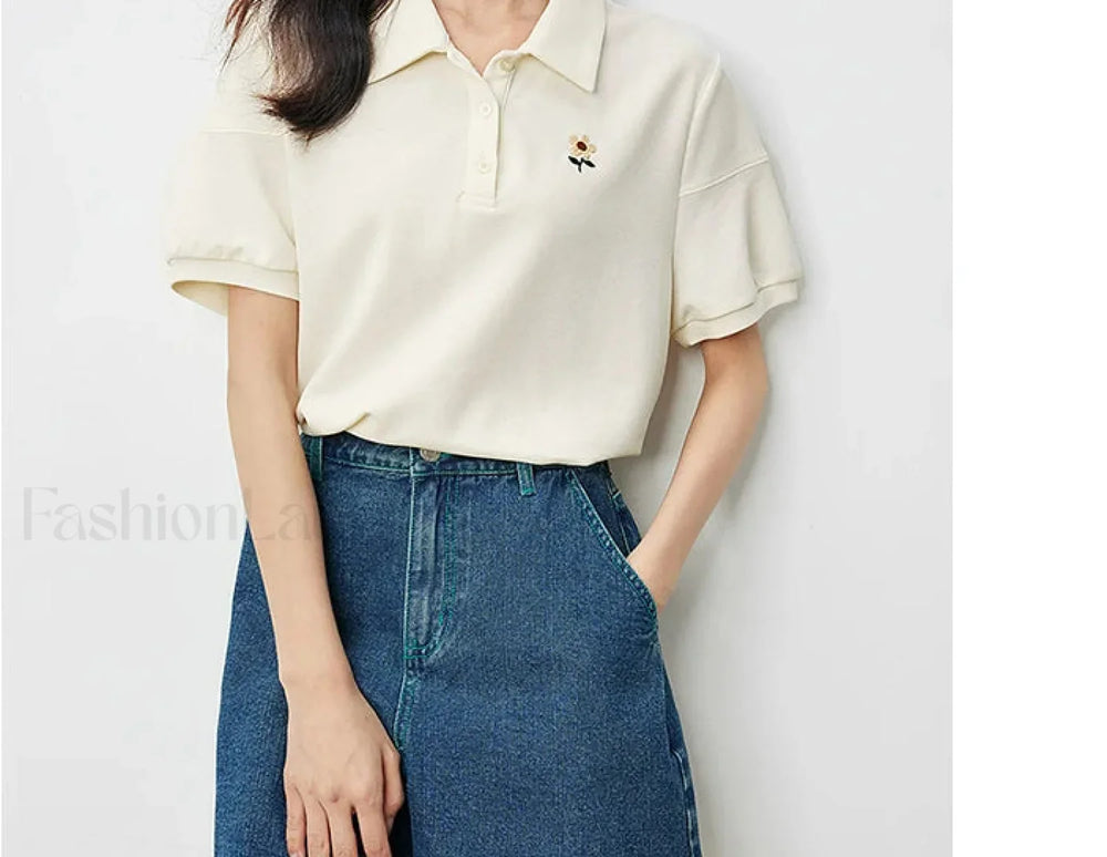 Pearl Flower Embroidery Casual T Shirt Light Yellow / S