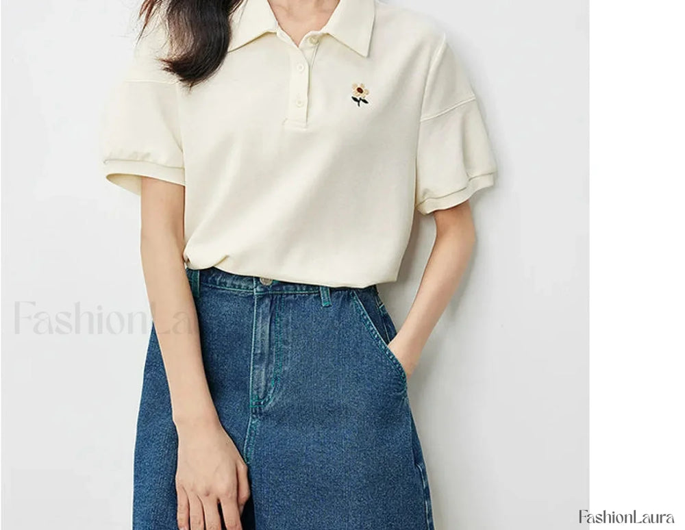 Pearl Flower Embroidery Casual T Shirt Light Yellow / S