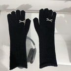 Pearl Full Finger Wool Rabbit Warm Vintage Red Thicken Winter Mittens Christmas Glove Black / One Size