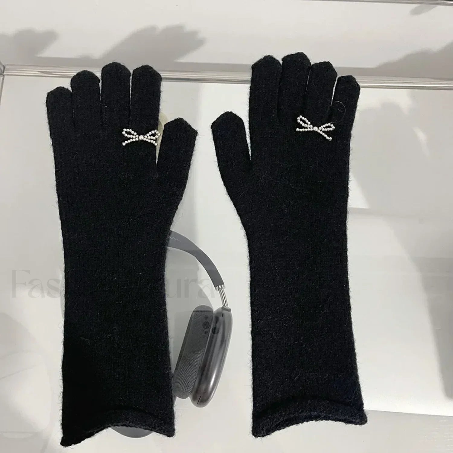 Pearl Full Finger Wool Rabbit Warm Vintage Red Thicken Winter Mittens Christmas Glove Black / One Size