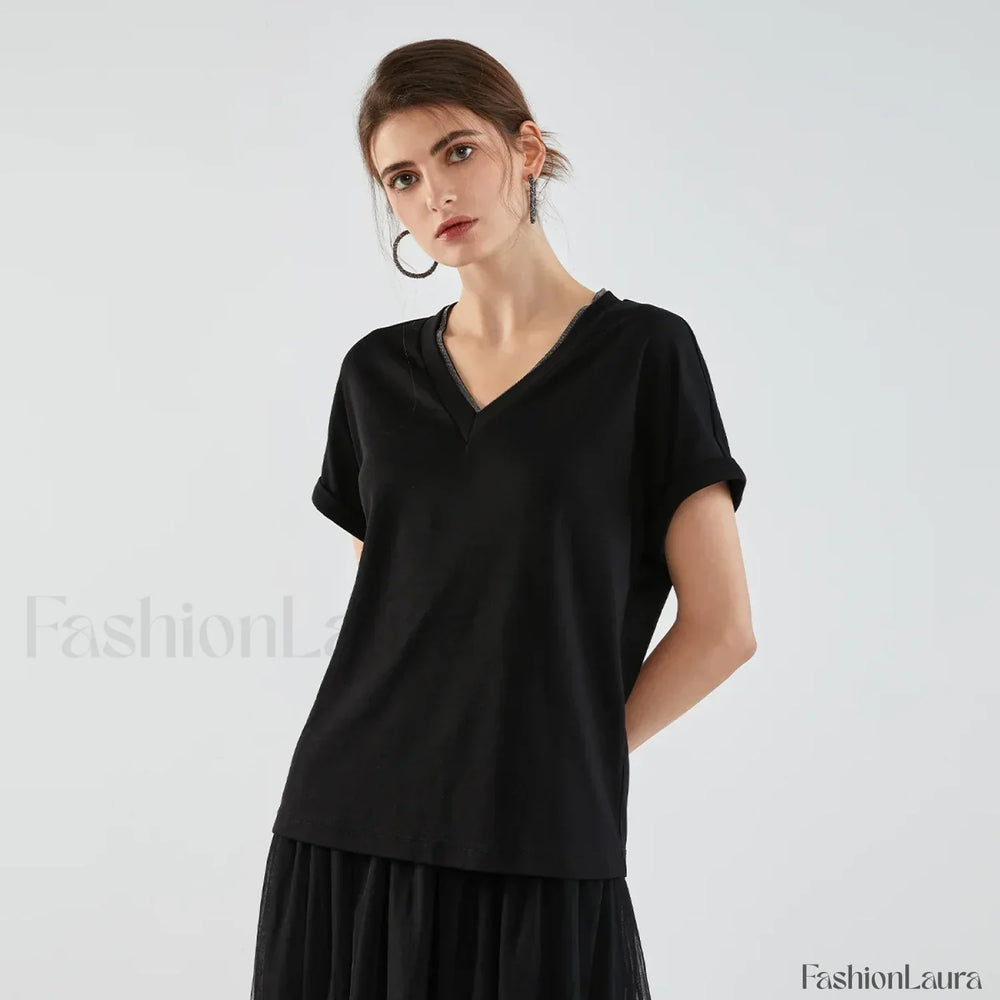 Pima Cotton V Neck Casual T Shirt Black / S