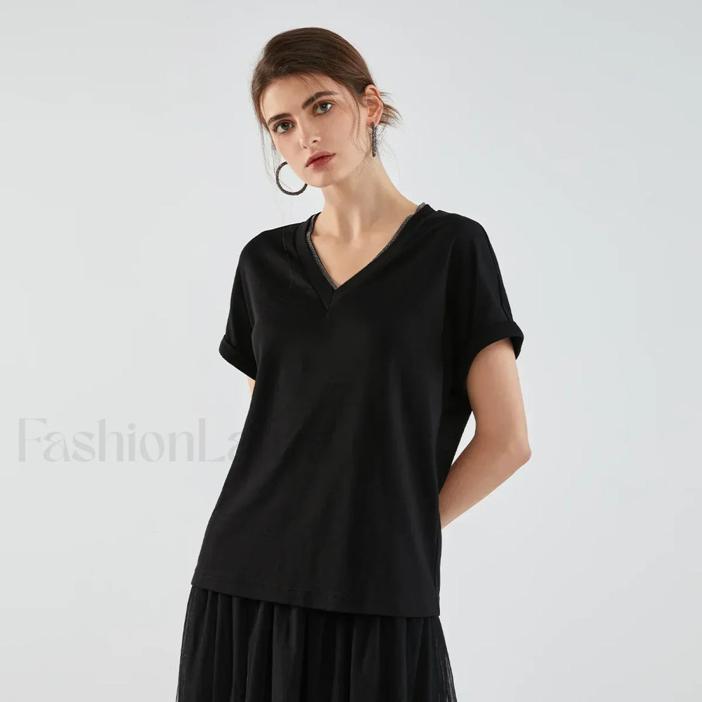 Pima Cotton V Neck Casual T Shirt Black / S