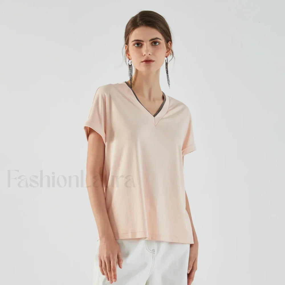 Pima Cotton V Neck Casual T Shirt light pink / S