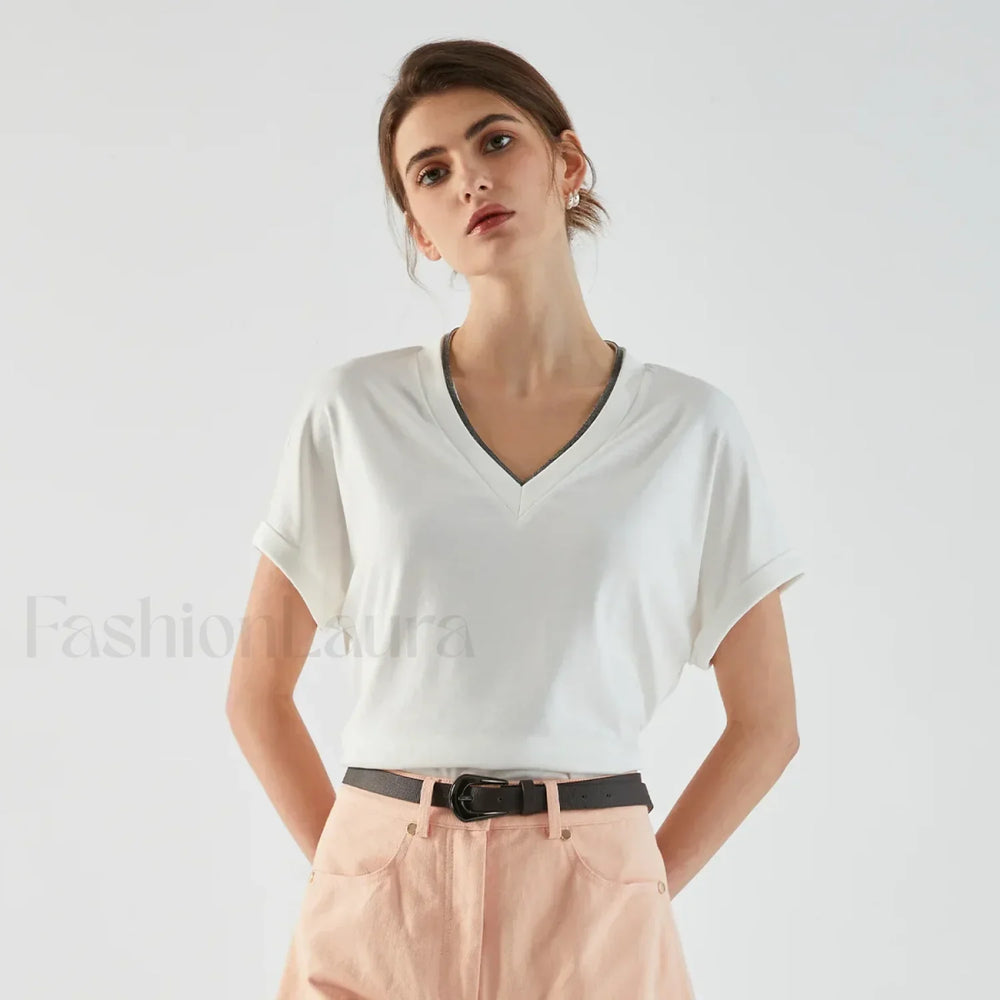 Pima Cotton V Neck Casual T Shirt Rice white / S