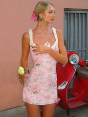 Pink Contrast Strap Floral Dress