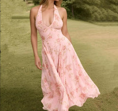 Pink Halter Pleated Floral Dress Pink / S