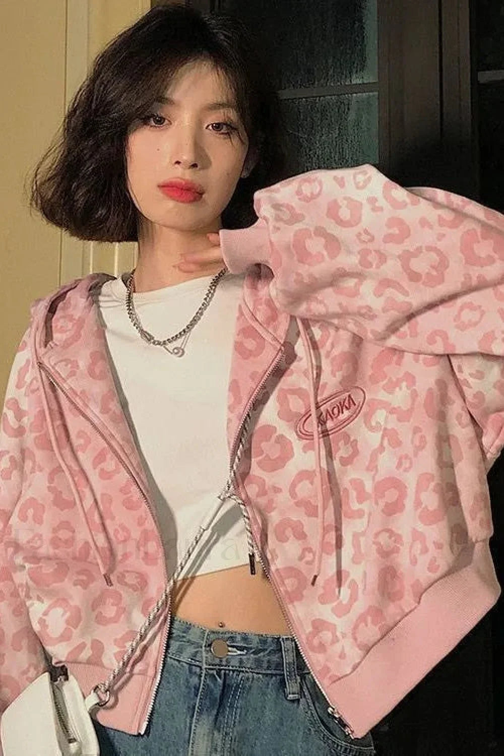 Pink Leopard Print Hooded Zip up Hoodie