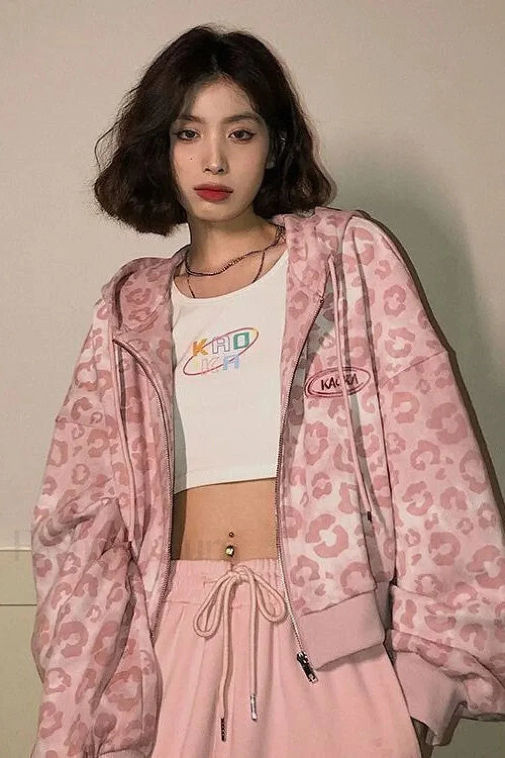 Pink Leopard Print Hooded Zip up Hoodie Pink / S