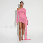 Pink One Shoulder Mesh Mini Dress
