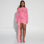 Pink One Shoulder Mesh Mini Dress
