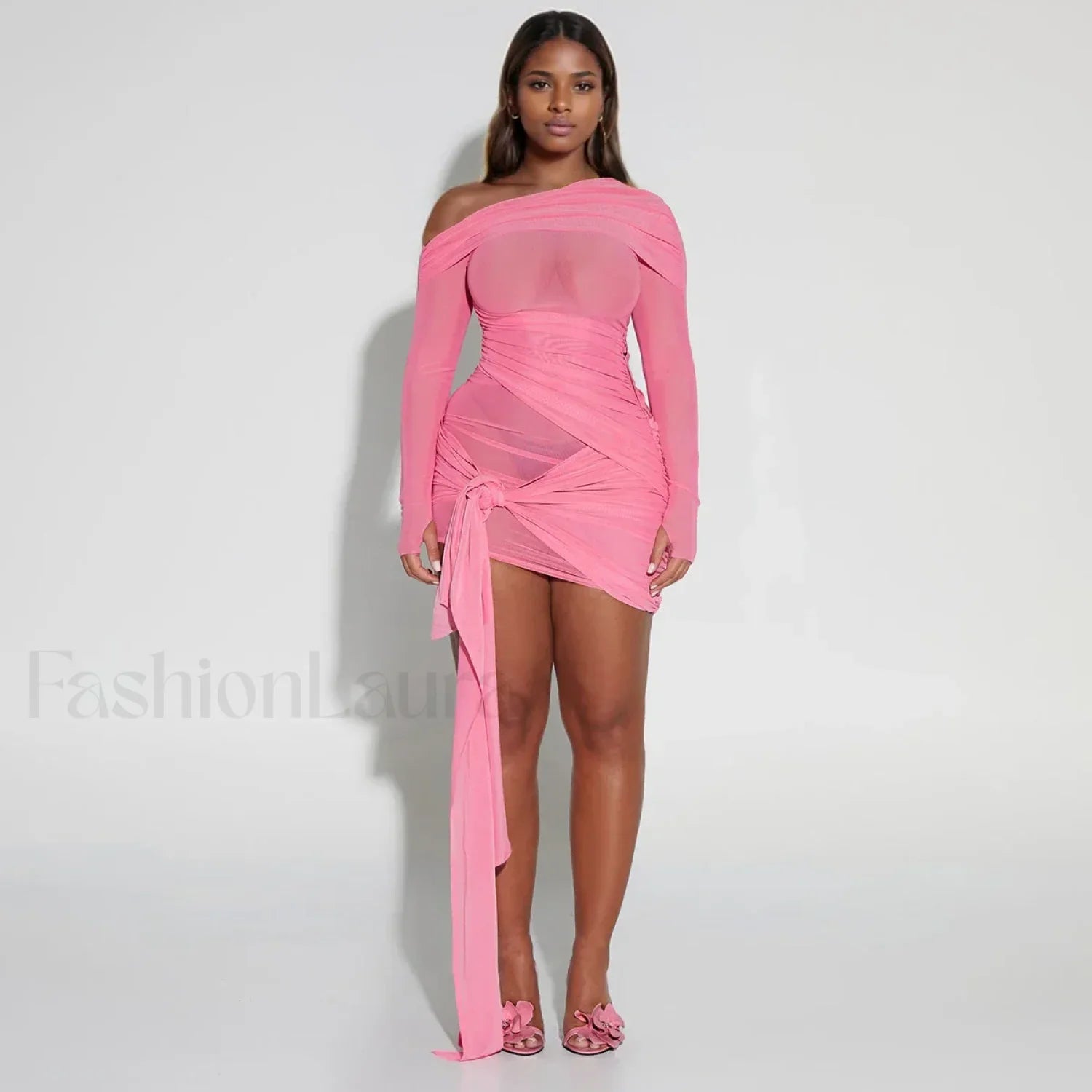 Pink One Shoulder Mesh Mini Dress