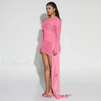 Pink One Shoulder Mesh Mini Dress