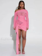 Pink One-Shoulder Mesh Mini Dress