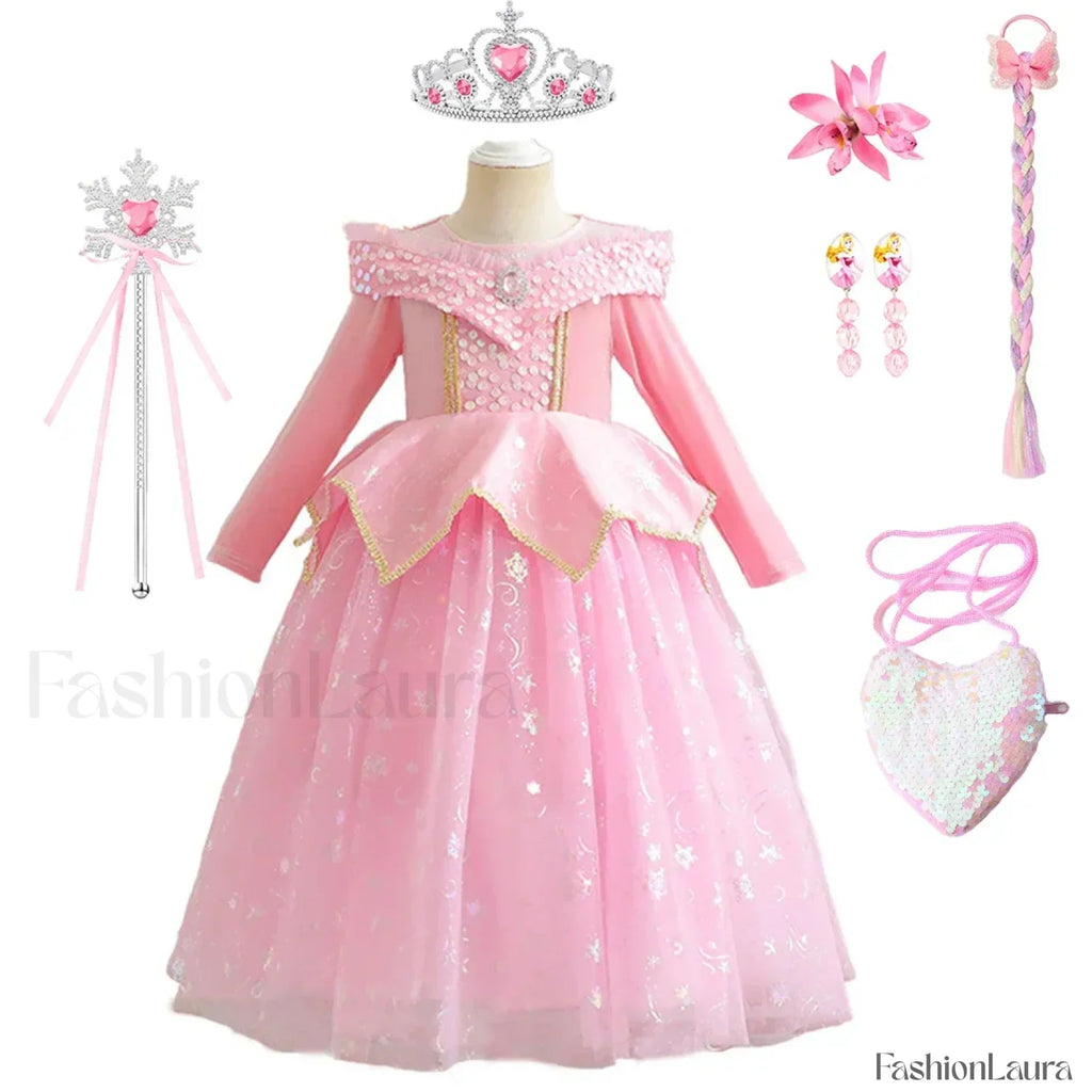 Pink Party Kid Elegant Spring Princess Sleeping Beauty Birthday Autumn Cosplay Aurora Costume 2Y Tag 100 / Dress Sets 04