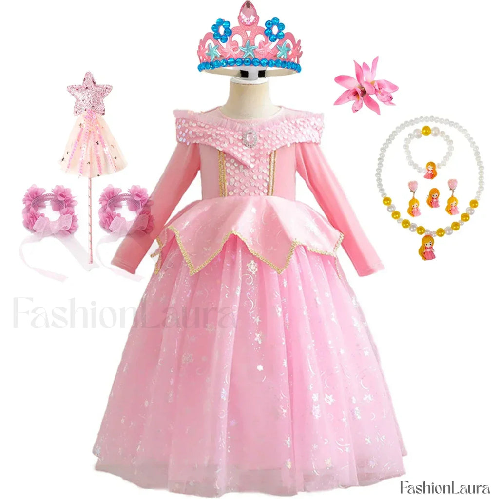 Pink Party Kid Elegant Spring Princess Sleeping Beauty Birthday Autumn Cosplay Aurora Costume 2Y Tag 100 / Dress Sets 08