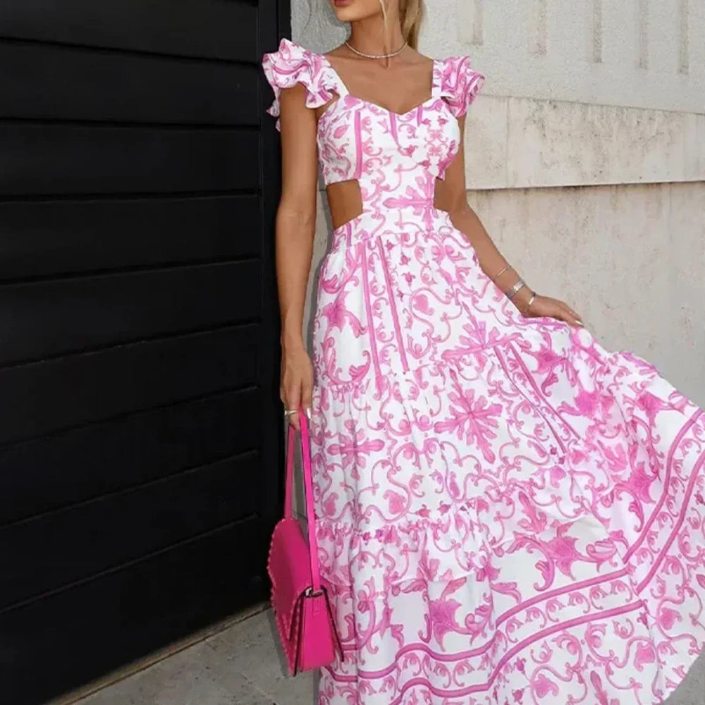 Pink Ruffle Backless Floral Dress