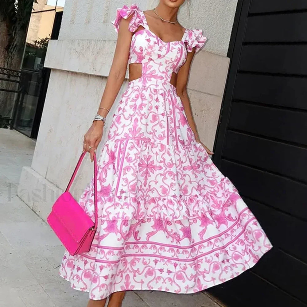Pink Ruffle Backless Floral Dress