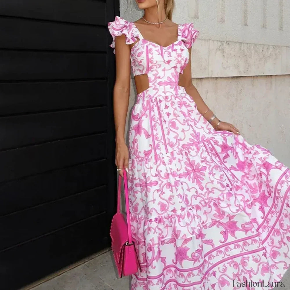 Pink Ruffle Backless Floral Dress