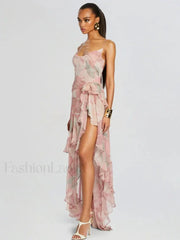 Pink Ruffled Spaghetti Floral Dress
