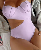 Pink Underwire Strapped Hollow One Piece Purple / S