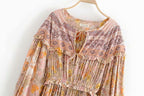 JuliaFashion-Pinkish Orange Loose Long Sleeve Bohemian Dress