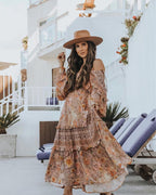 JuliaFashion-Pinkish Orange Loose Long Sleeve Bohemian Dress