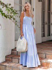 Pinstripe Shirred Backless Long Cami Dress Dresses